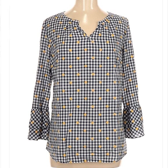 TALBOTS Yellow Flower Buffalo Check Print Long Sleeve Blouse Size M - Picture 1 of 3